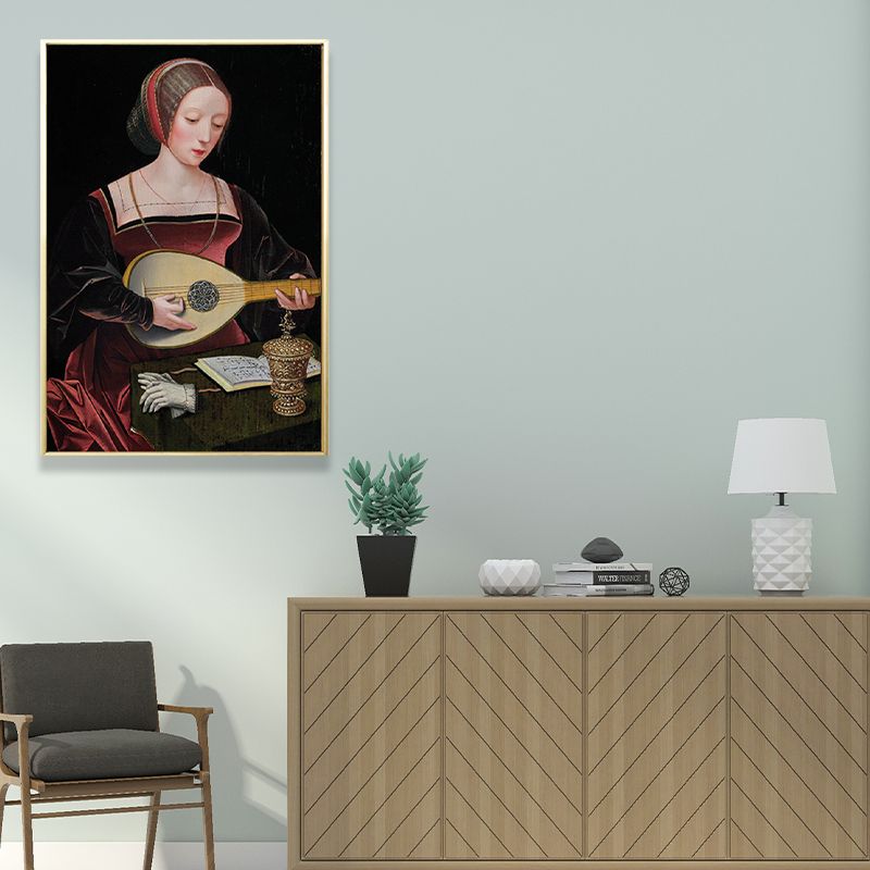 Red Woman Playing Lute Painting Musical Vintage Textured Canvas Art for Living Room