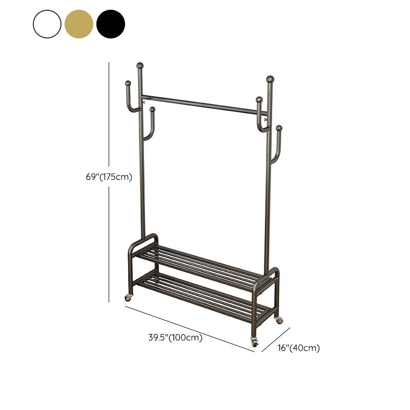 Elegant Metal Clothes Hanger Free Standing Double Storage Shelving Coat Rack with Castors