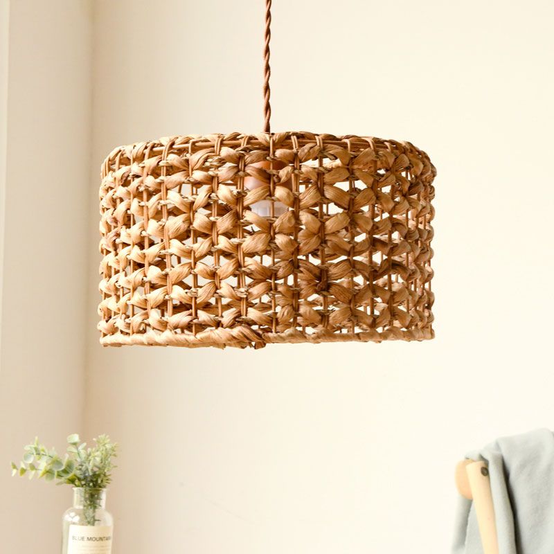 Drum Cottage Hotel Suspension Light Rattan 1 Light Asian Asian Élégant pendentif en beige