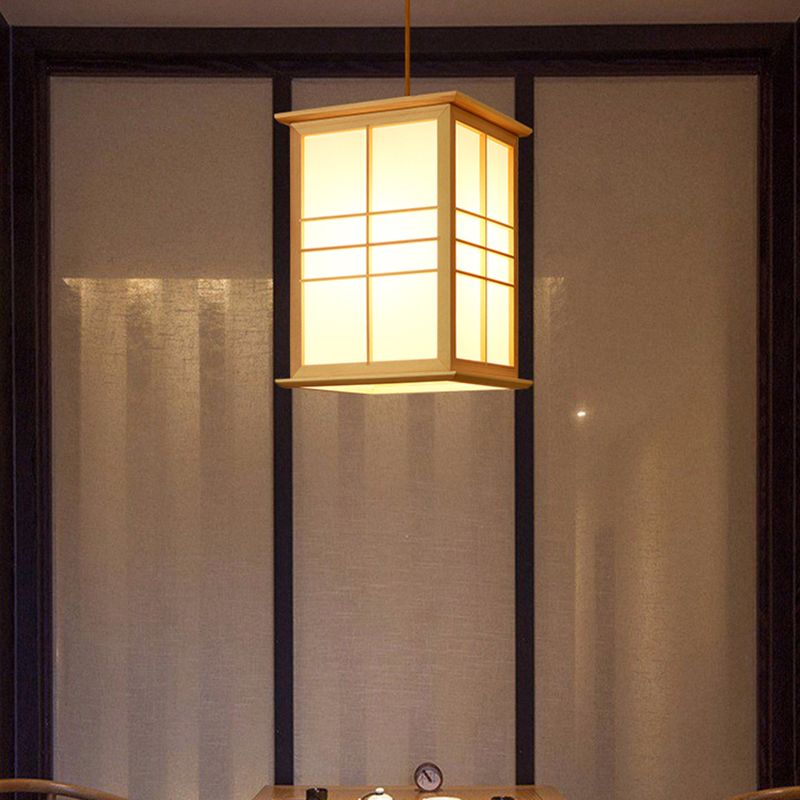 Rectangular Commercial Pendant Lighting Japanese Wooden 1-Light Restaurant Drop Lamp