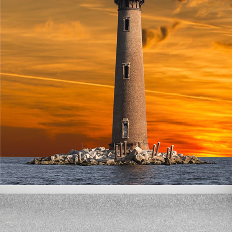 Large Lighthouse Mural Wallpaper Coastal Sea Landscape Wall Covering in Pastel Color