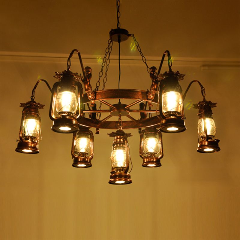 Retro Industrial Style Wheel Chandelier Glass Pendant Ceiling Lights for Restaurant