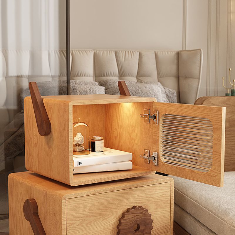 Modern & Contemporary Kids Bedside Table with Cabinet Light Wood Solid Wood