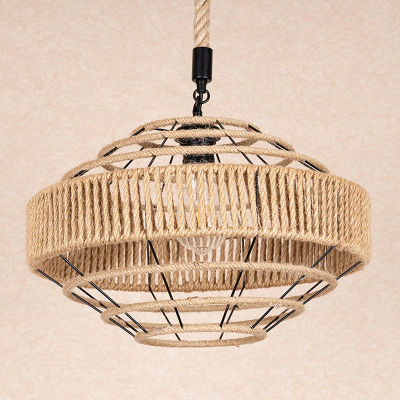 Farmhouse Gyro Shaped Drop Pendant 1-Light Natural Rope Hanging Light Fixture in Brown