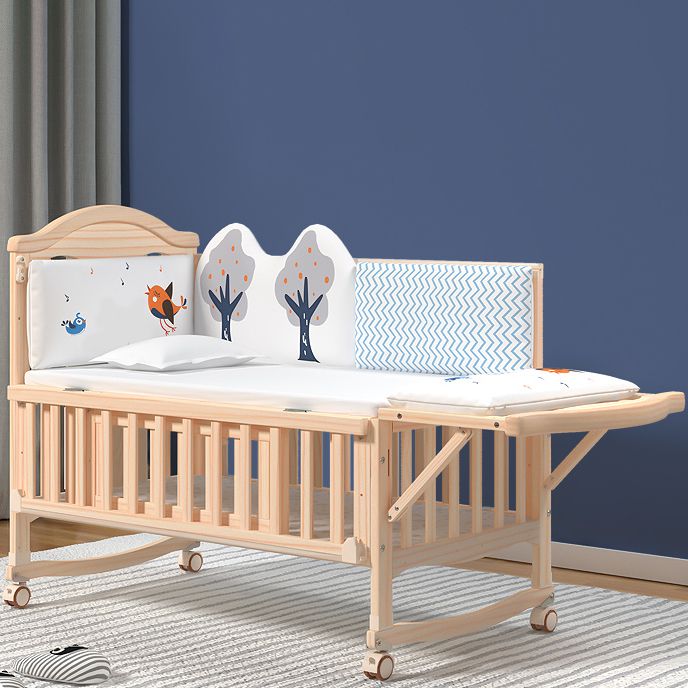 Modern Pine Wood Nursery Bed with Storage and Casters, 2-in-1 Convertible Crib