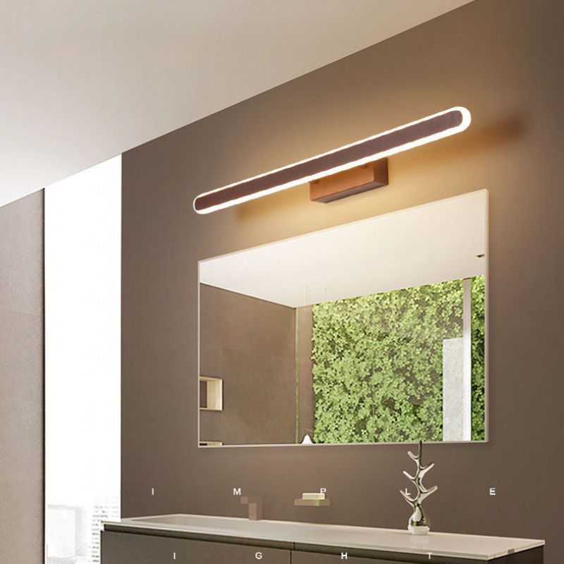 Modern Linear Wall Light Fixture Metal Single Light LED Mirror Light for Bathroom in Brown