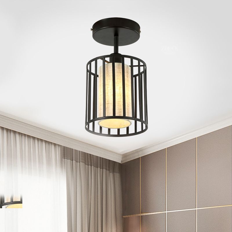 Conical/Cylindrical Shade Ceiling Flush Mount with Metal Cage Simple 1 Bulb Semi-Flushmount Lamp in Black Finish