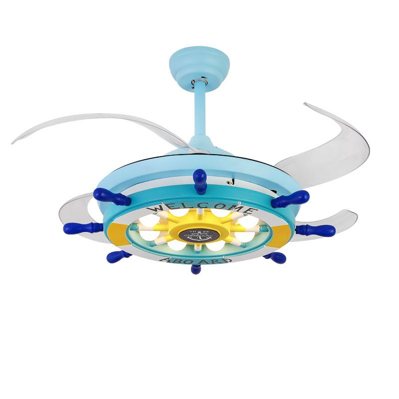 Metal Rudder Semi-Flush Mount Ceiling Light Kids 42 Inches Wide LED Blue Pendant Fan Light with 4 Clear Blades