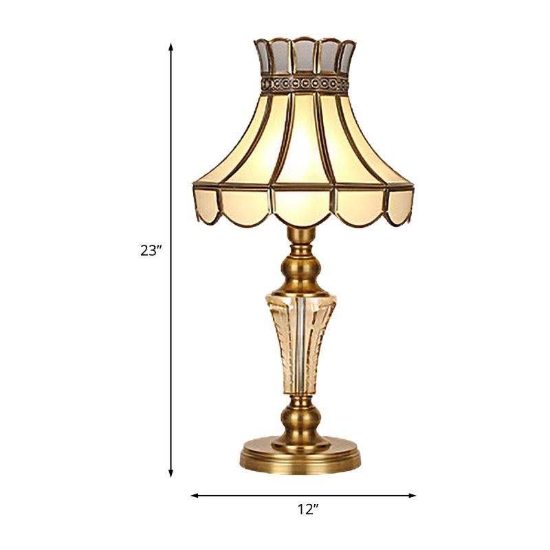 1 Bulb Scalloped Night Table Lamp Traditional Gold Finish Beige Glass Nightstand Lighting with Crystal Accent