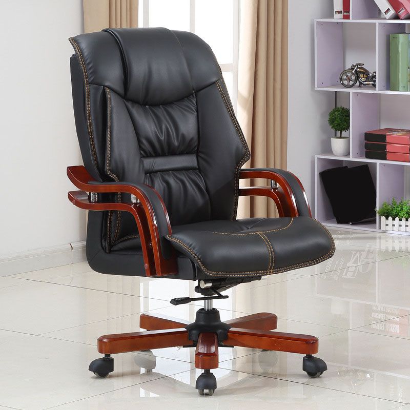 Wood Frame Upholstered Office Chair in Black Leather High Back Executive Chair