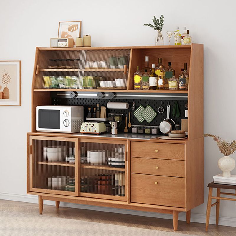 Contemporary Sliding Doors Sideboard Solid Wood Buffet Table with 3 Drawers