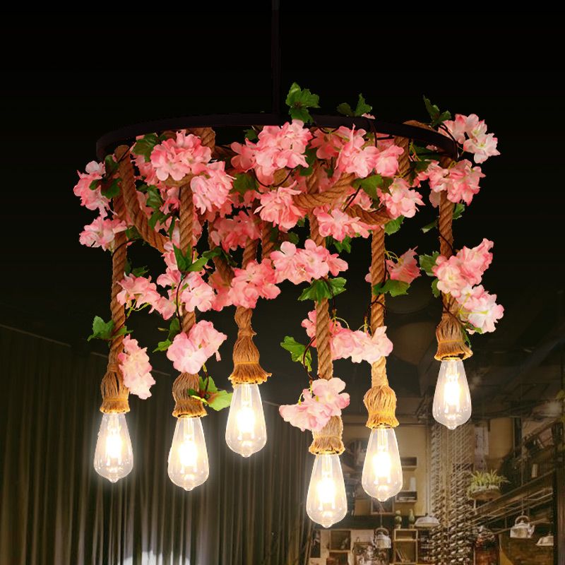 Bare Bulb Chandelier Light Fixture Industrial Rope Pendant Lighting for Restaurant (Without Plants)