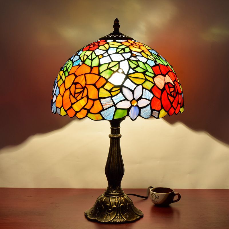 1 Head Table Lamp Decorative Dome Shade Stained Glass Nightstand Light for Living Room