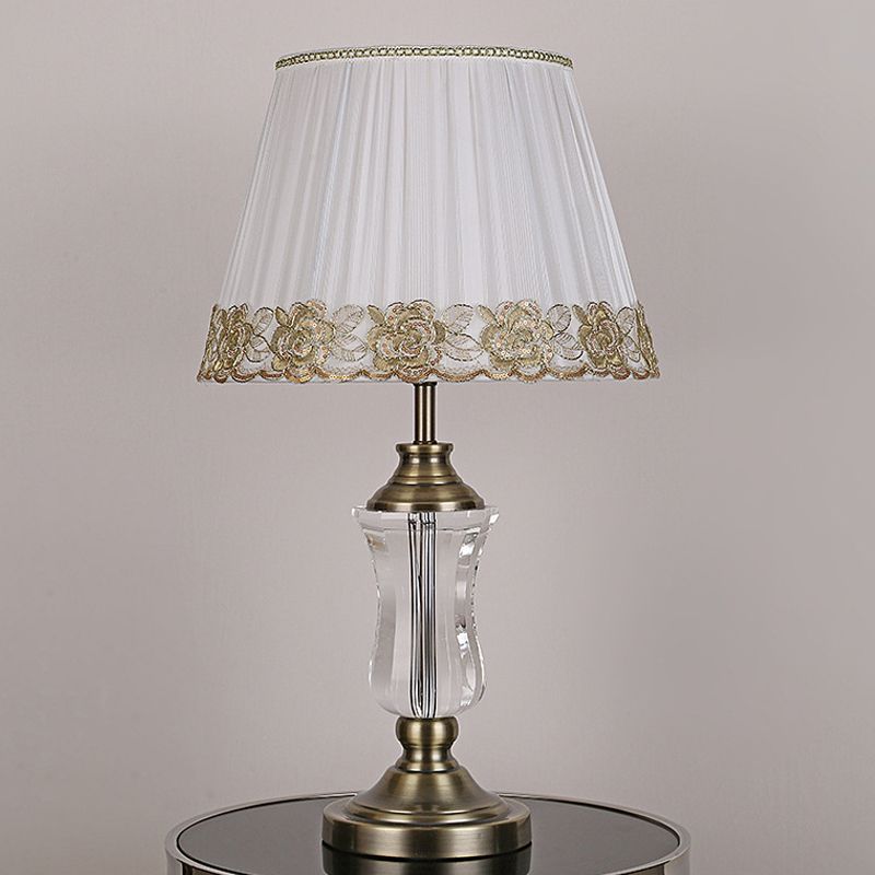 Beige Barrel Night Light Modern 1 Light Fabric Table Lamp with Urn Crystal Lamp Stand