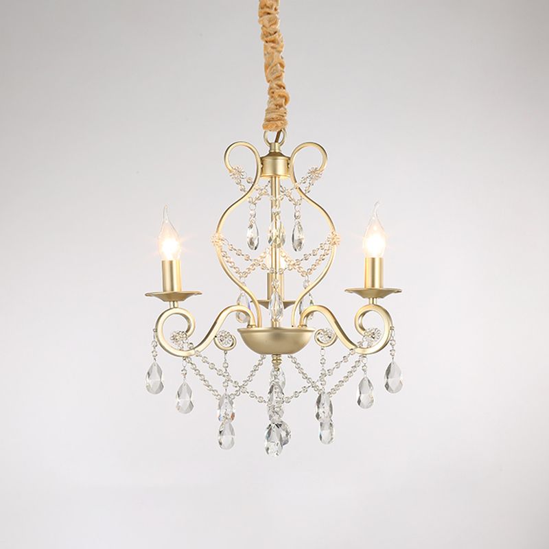 French Country Candle Hanging Chandelier Light Metal 3/6/8 Lights Pendant Lamp with Crystal Bead in Gold