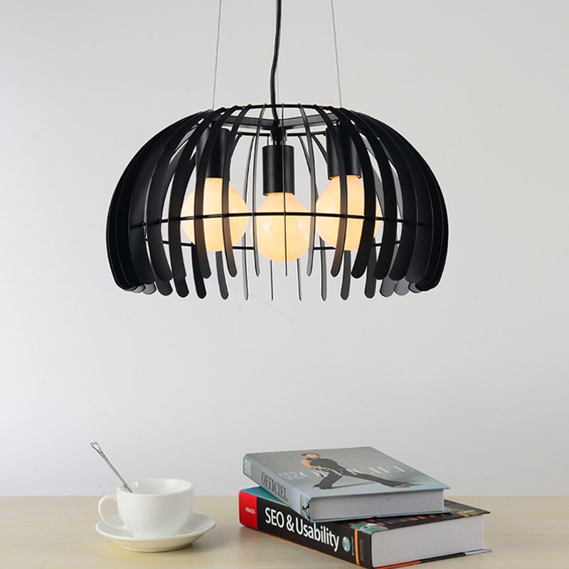 3 Bulbs Dome Hanging Light with Wire Guard Retro Style Black Metal Suspension Light for Dining Room