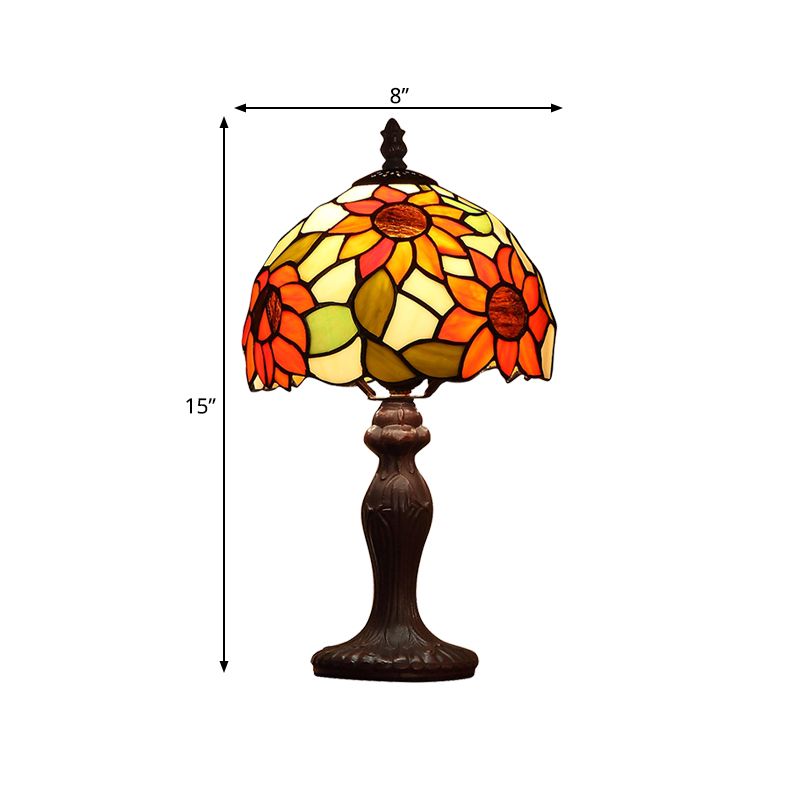 Dome Shape Night Lamp 1-Head Sunflower Patterned Glass Tiffany Table Light in Dark Brown