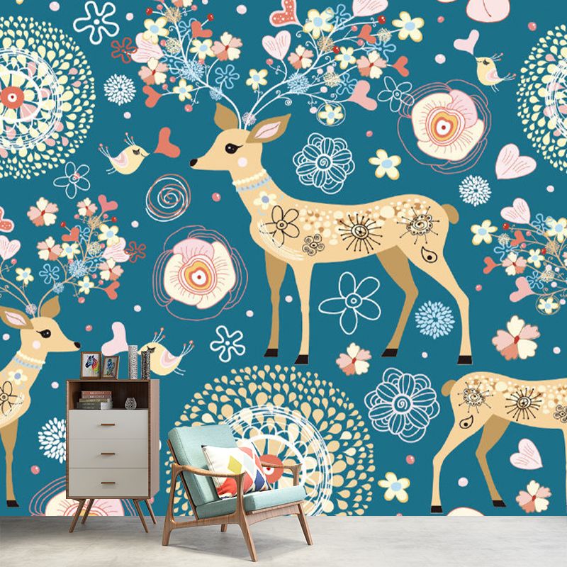 Yellow-Blue Sika Deer Murals Animal Childrens Art Moisture Resistant Wall Decor for Nursery