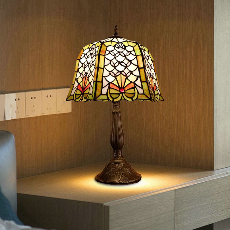 Stained Glass Bronze Night Table Light Paneled Bell 1 Head Baroque Fishscale Patterned Nightstand Lamp