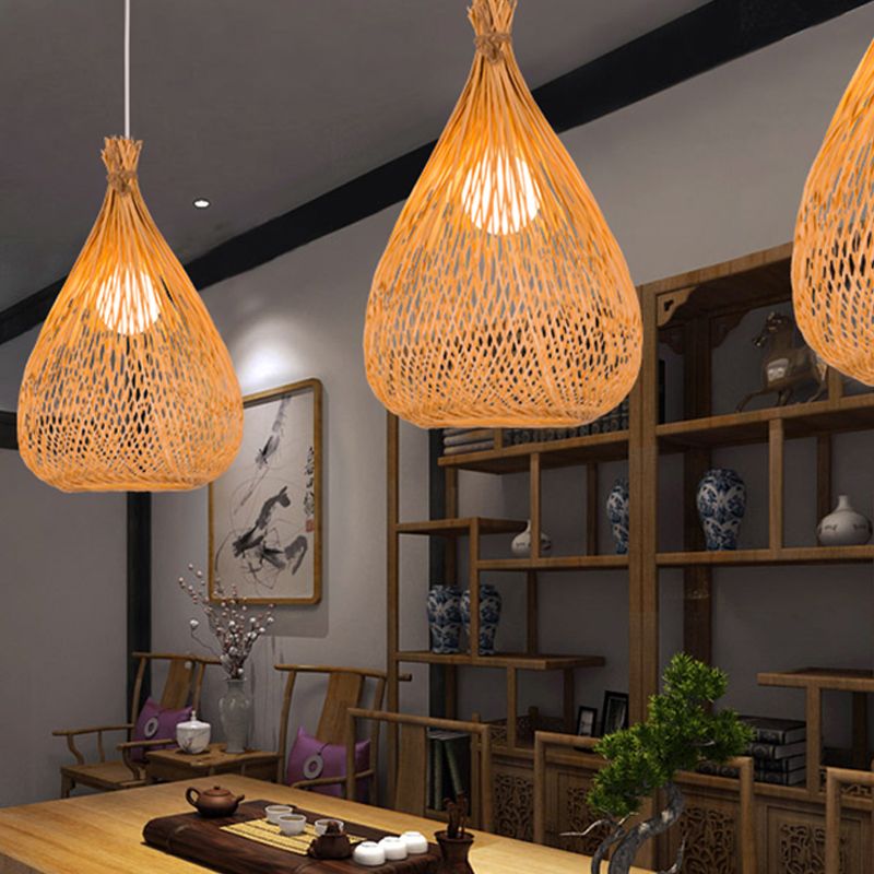 Hand-Woven Pendant Lighting Japanese Bamboo 1 Bulb Wood Ceiling Suspension Lamp for Tearoom