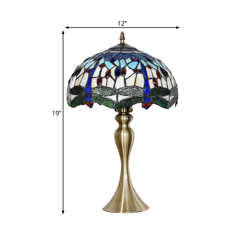 Blue 1 Head Table Lighting Mediterranean Stained Glass Scalloped Nightstand Lamp with Beaded