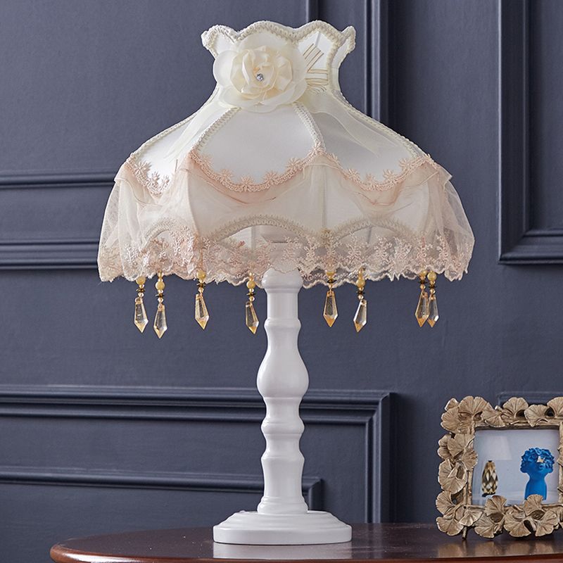 Fabric Paneled Dome Table Light Scandinavian 1 Bulb Night Lamp with Crystal Spears Deco in White