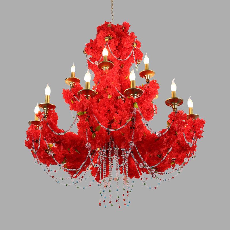 Metal Candle Pendant Chandelier Antique 12 Bulbs Restaurant LED Rose Ceiling Lamp in Red with Crystal Accent