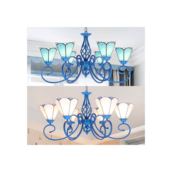 Stained Glass Cone Hanging Ceiling Light with Blue Curved Arm Tiffany 6 Lights Hanging Chandelier in White/Blue