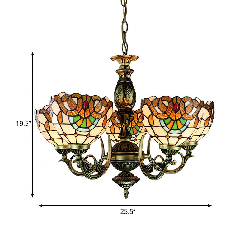 5 Lights Bowl Ceiling Pendant Victorian Height Adjustable Stained Glass Hanging Chandelier