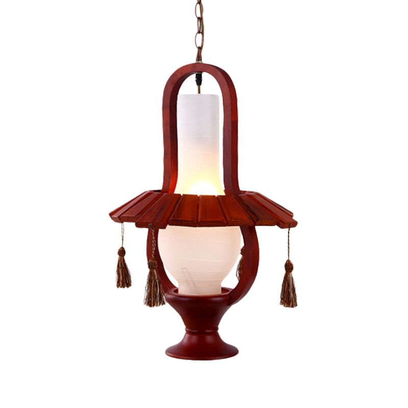 Kerosene Opal Glass Hanging Light Fixture Retro Style 1-Bulb Dining Room Ceiling Lamp in Red Brown with Wood Frame