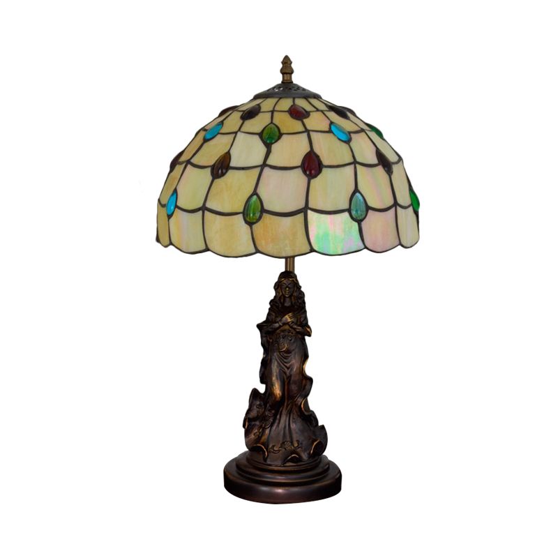 Cabochons-Embellished Grid Night Light 1-Light White/Beige Glass Tiffany Table Lamp with Angel Decor