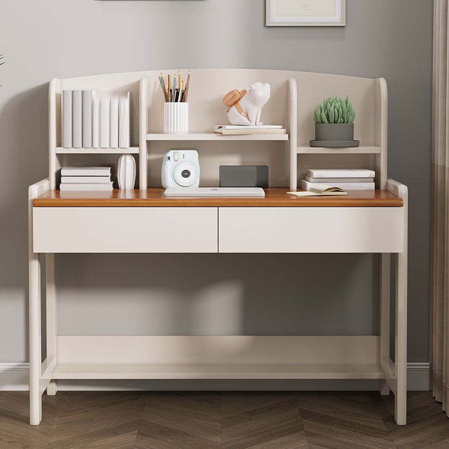 Contemporary White Writing Desk with Brown Top and 2 Drawers