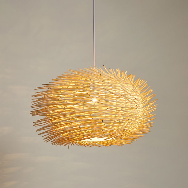 Lantern Bamboo Hanging Lamp Asian 1 Head Beige Pendant Light Fixture for Dining Room