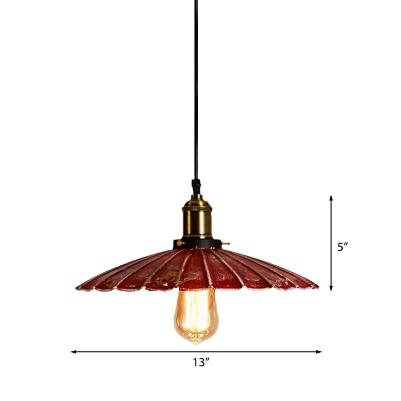 Red Scalloped Shade Hanging Light Fixture Rustic Style Metallic 1 Bulb Coffee Shop Pendant Lamp