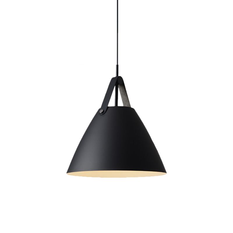 Metal Truncated Cone Drop Pendant Nordic 1-Light Black/Grey/White Suspension Lighting with Leather Strap, 10.5"/14" W