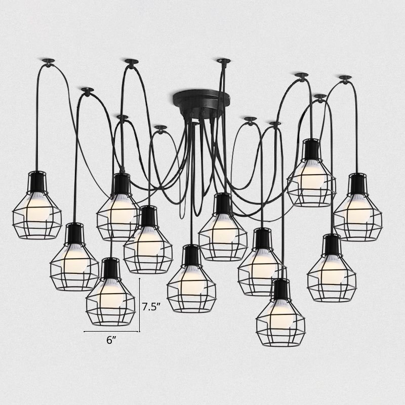 Iron Wire Ball Cage Hanging Lighting Industrial Dining Room Swag Pendant Lamp in Black