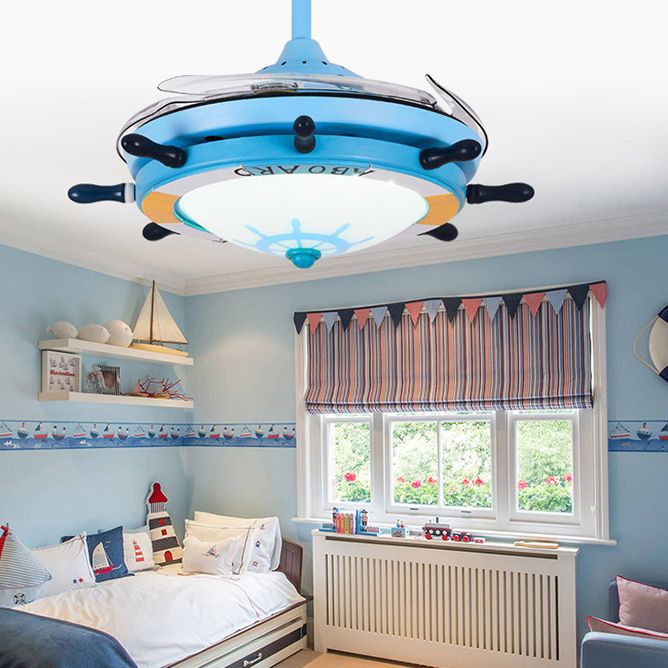 Mediterranean Rudder Pendant Fan Light Fixture Metal Bedroom Kindergarten Semi Flush Light