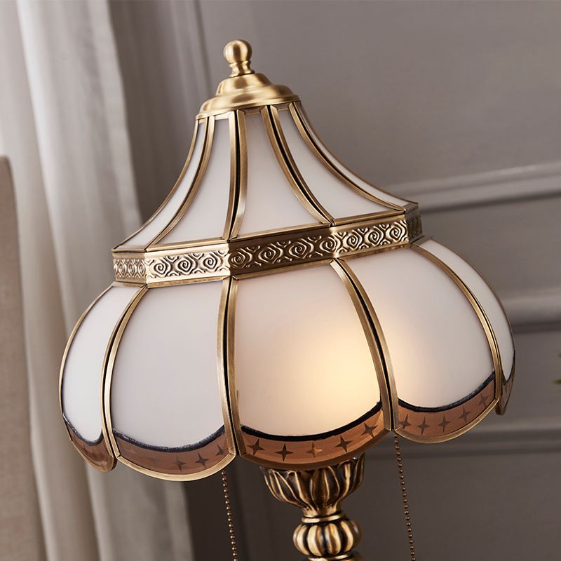 Brass Scalloped Night Stand Lamp Traditional White Glass 2-Bulb Bedroom Table Light with Pull Chain Switch