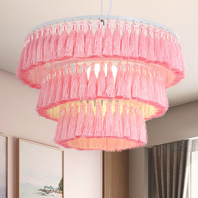 Modern Style Pendant Light with Tassel Single Light Fabric Ceiling Pendant for Girl Bedroom