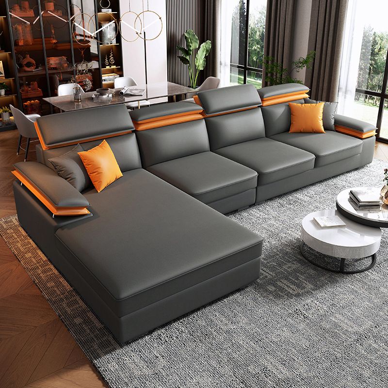 Grey L-Shape Sectional with Pillow Back Cushions Sofa for Living Room