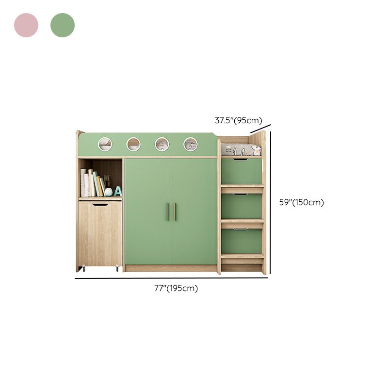 Scandinavian Green and Pink Loft Bed Twin Solid Wood Bed with Guardrail and Desk