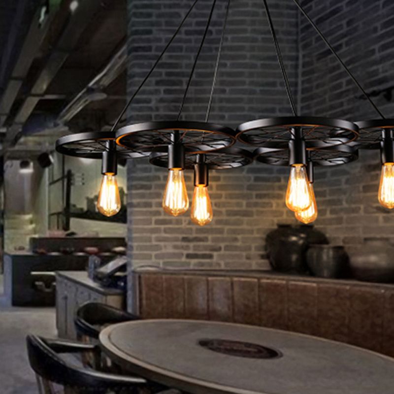 Metal Wagon Wheel Pendant Lamp Industrial Restaurant Hanging Light Fixture in Black