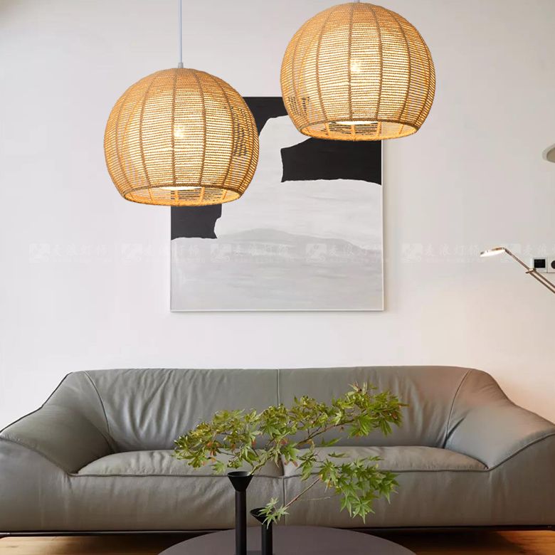 Double Rattan Shade Pendant Lamp Japanese Simplicity Single Light Hanging Ceiling Light in Beige/Coffee