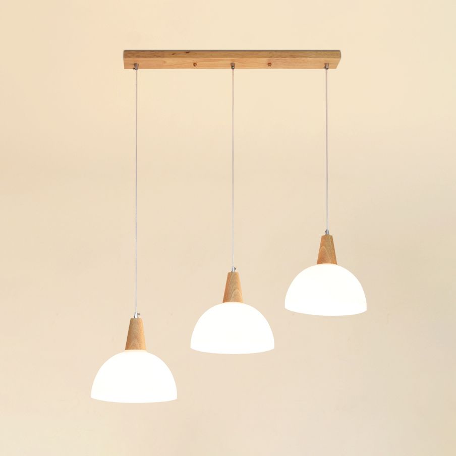 Lámpara colgante de cúpula de vidrio de leche Contemporánea 3 luces Iluminación colgante de interior con tapa de madera en blanco