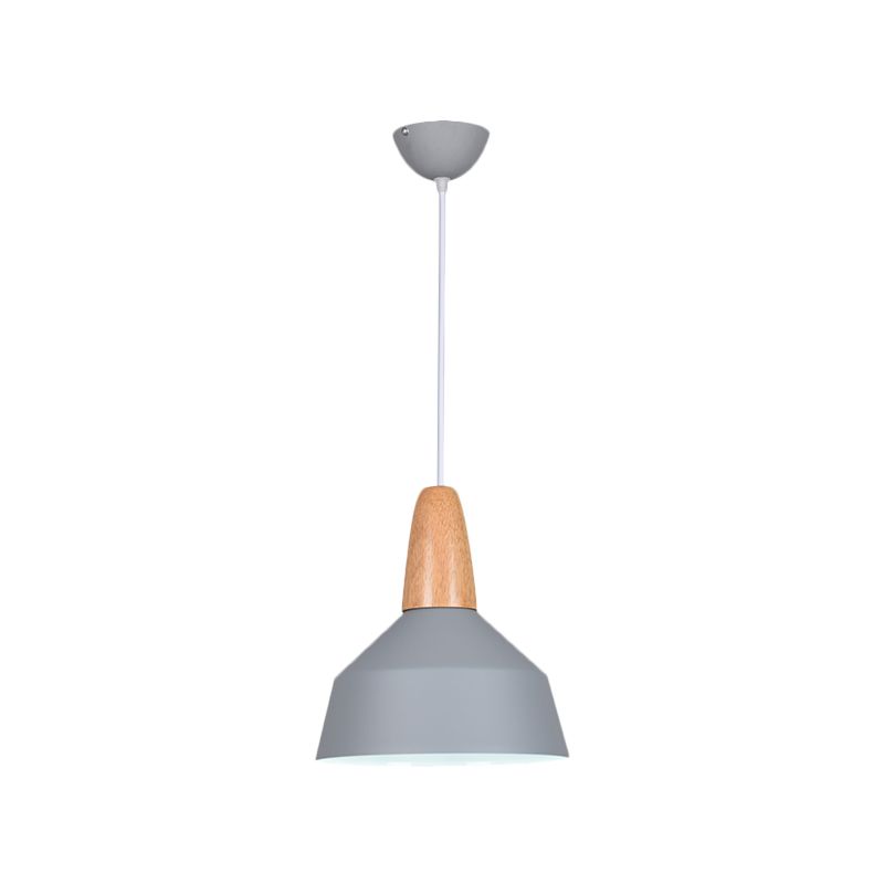 Barn Dining Room Pendant Lighting Aluminum 1 Bulb Macaron Ceiling Hang Lamp in Green/Grey/Pink with Wood Grip