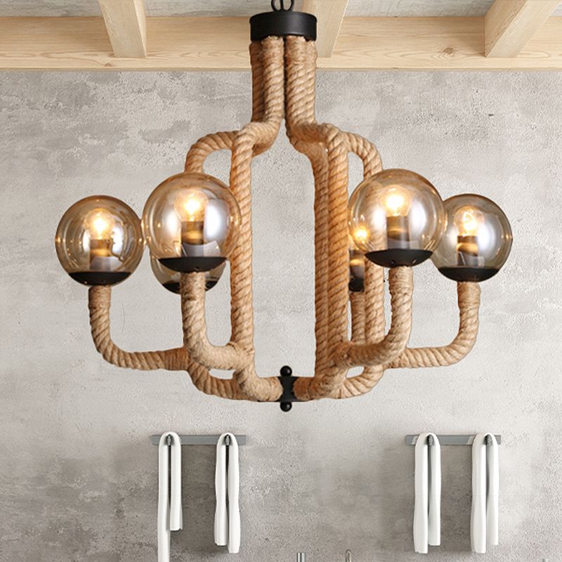 Brown Roped Caged Ceiling Pendant Light Vintage 6 Lights Restaurant Chandelier Lamp with Glass Ball Shade