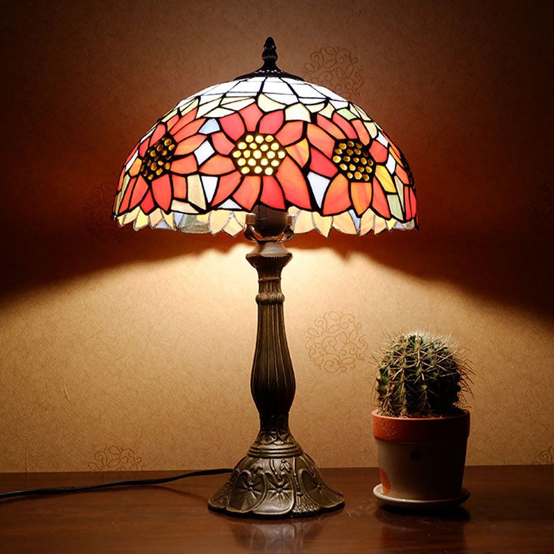 Bowl Shade Nightstand Lamp Single Stained Art Glass Classic Table Lighting in Orange with Sunflower Pattern