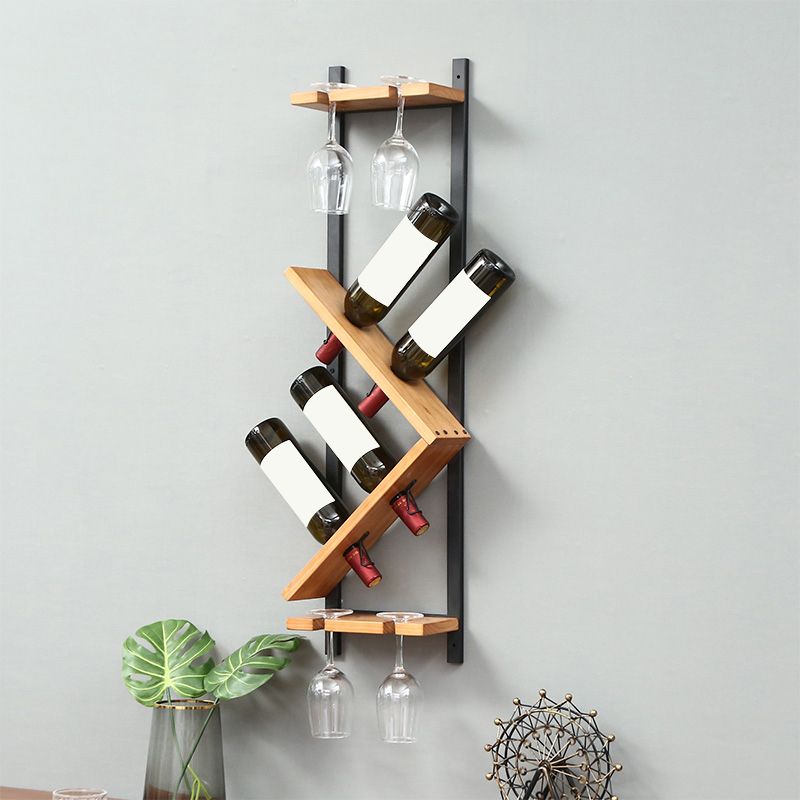 Wall Mounted Wine Shelf Wood and Metal Wine Holder Rack for Kitchen