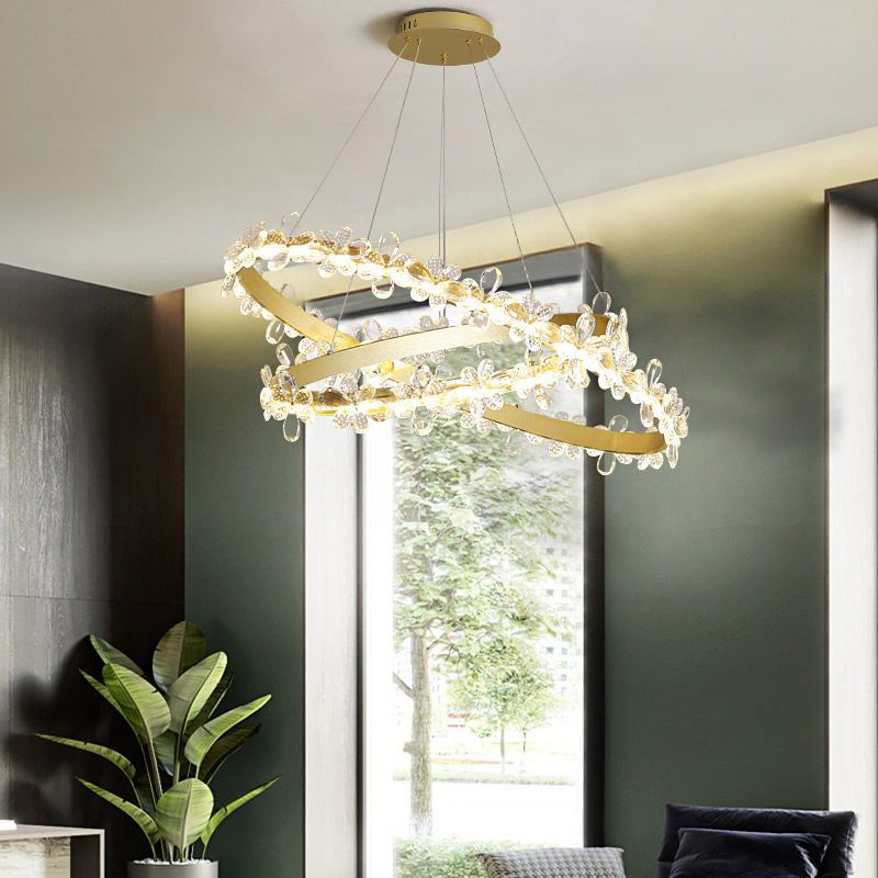 Round Chandelier Lamp Modern Crystal 19.5"/27.5" Wide LED Gold/Coffee Pendant Light Fixture in Warm/White Light