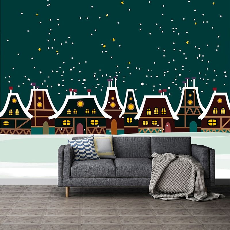 Illustration Winter House Mural Wallpaper Full Size Wall Covering for Kids Bedroom, Custom Print